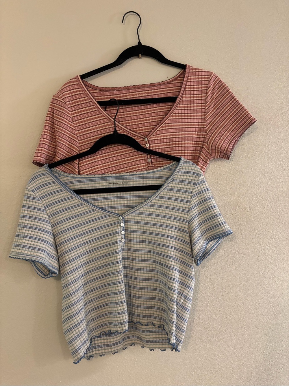 AE Pink & Light Blue Striped Button Scoop Crop Top Duo
